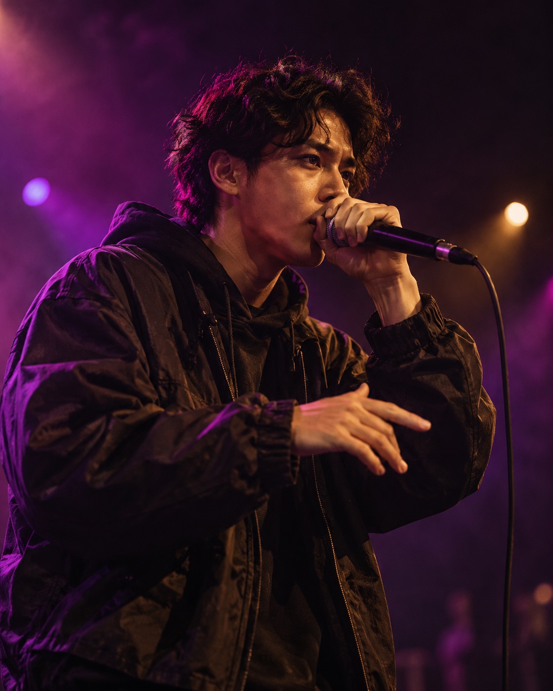 Beatbox performer holding a microphone under purple and gold stage lights.